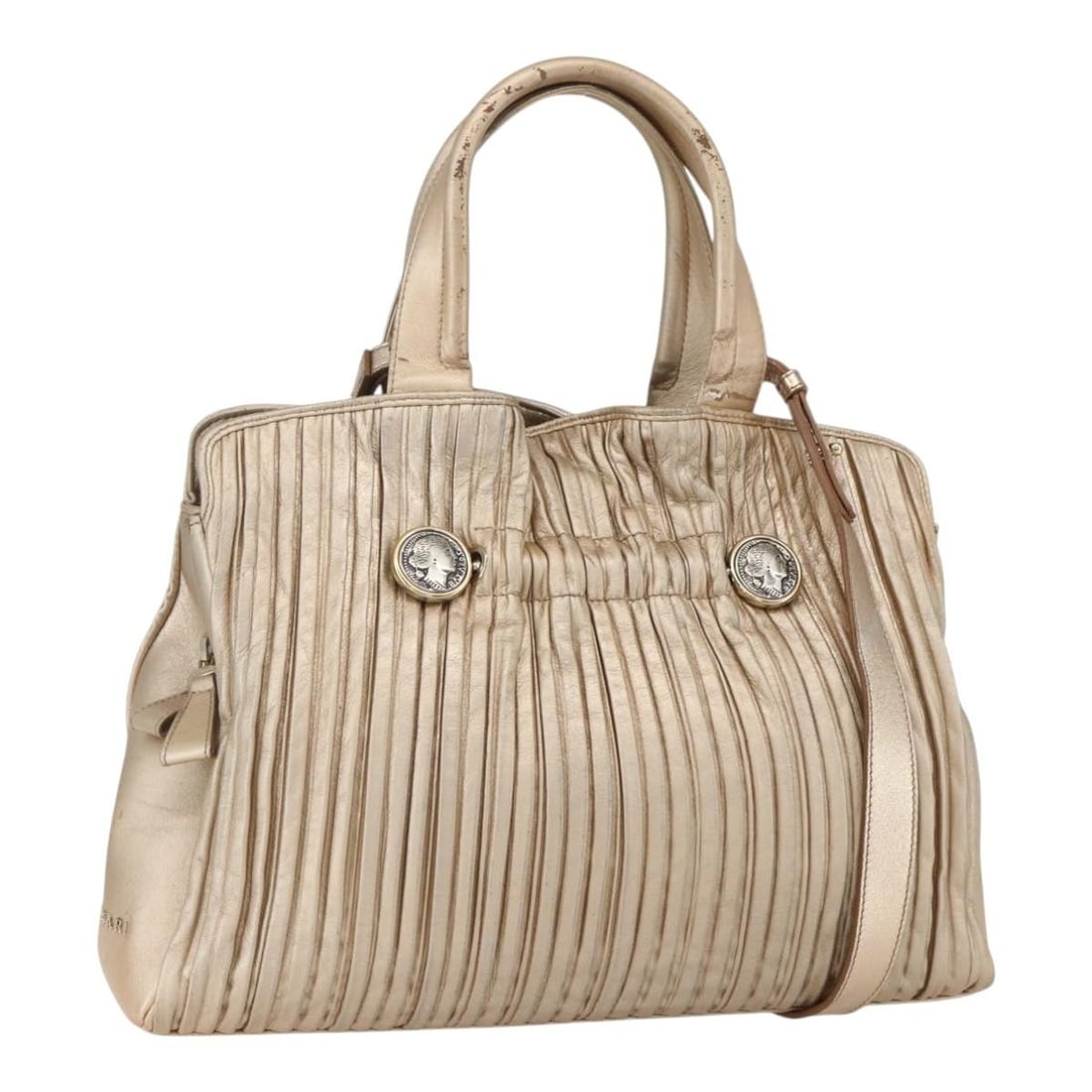 BVLGARI 2way Gold Leather Hand Bag Made in Italy Auth: BVLGARI 2way Gold Leather Hand Bag Made in Italy Auth This stunning BVLGARI hand bag is crafted from high-quality leather in a luxurious gold finish. With a spacious design, it measures approximately 