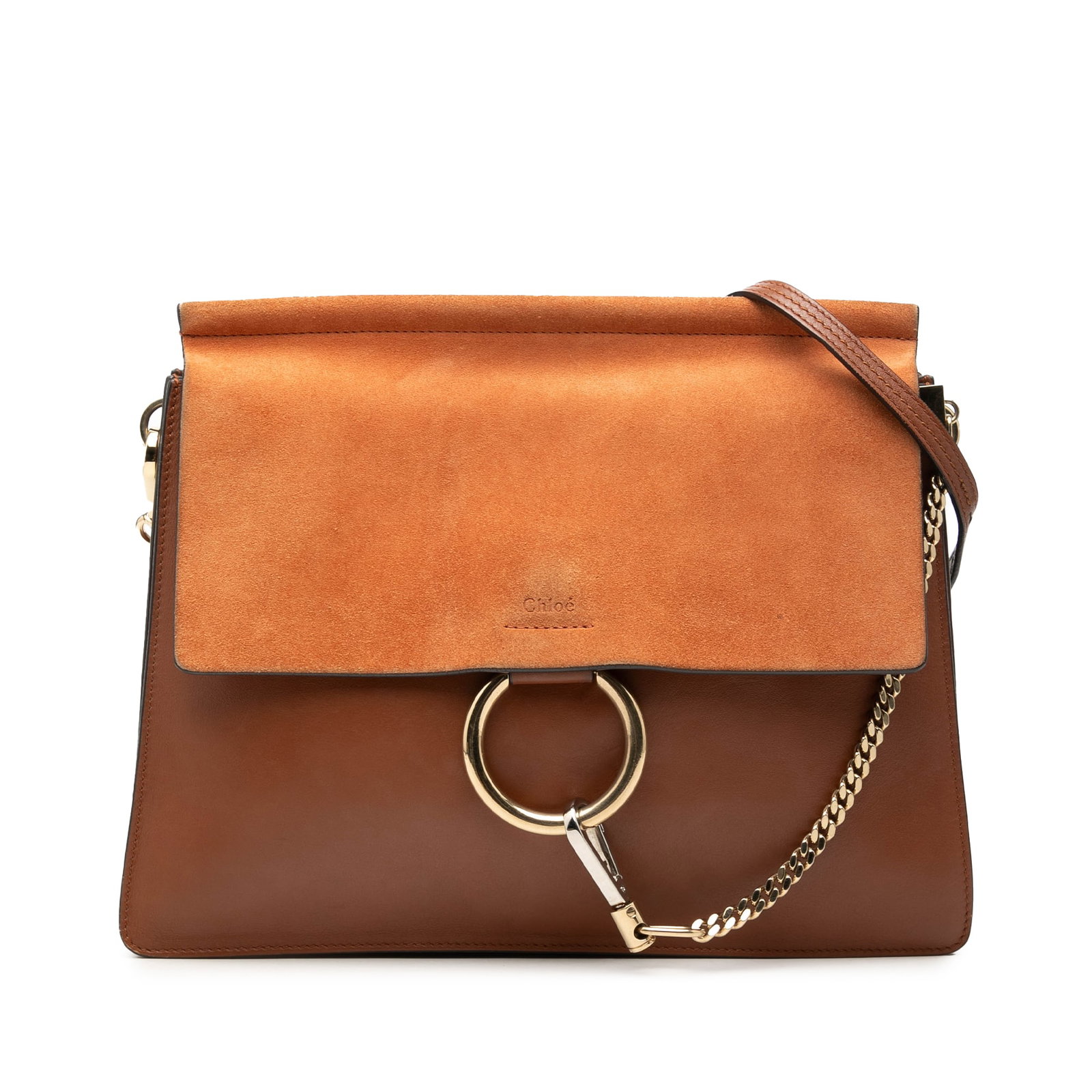 Chloe Faye Medium Crossbody Bag in Calfskin and Suede: Chloe Faye Medium Crossbody Bag in Calfskin and Suede Chloe Faye medium crossbody bag crafted with a leather body and suede top flap. This crossbody features an adjustable flat leather strap, hook clo