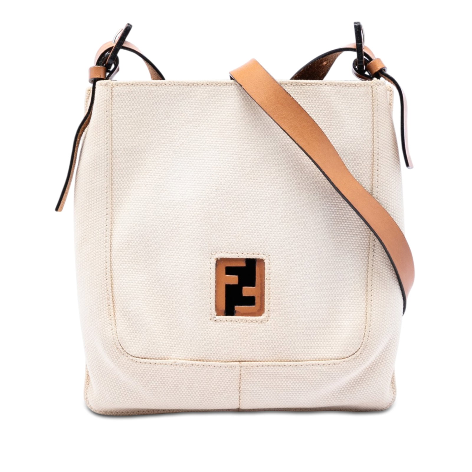Fendi Canvas FF White Fabric Crossbody Bag Made in Italy: Fendi Canvas FF White Fabric Crossbody Bag Made in Italy Fendi Canvas FF Crossbody bag crafted in fabric with an adjustable flat leather strap, open top, and interior zip pocket. Made in Italy, this c