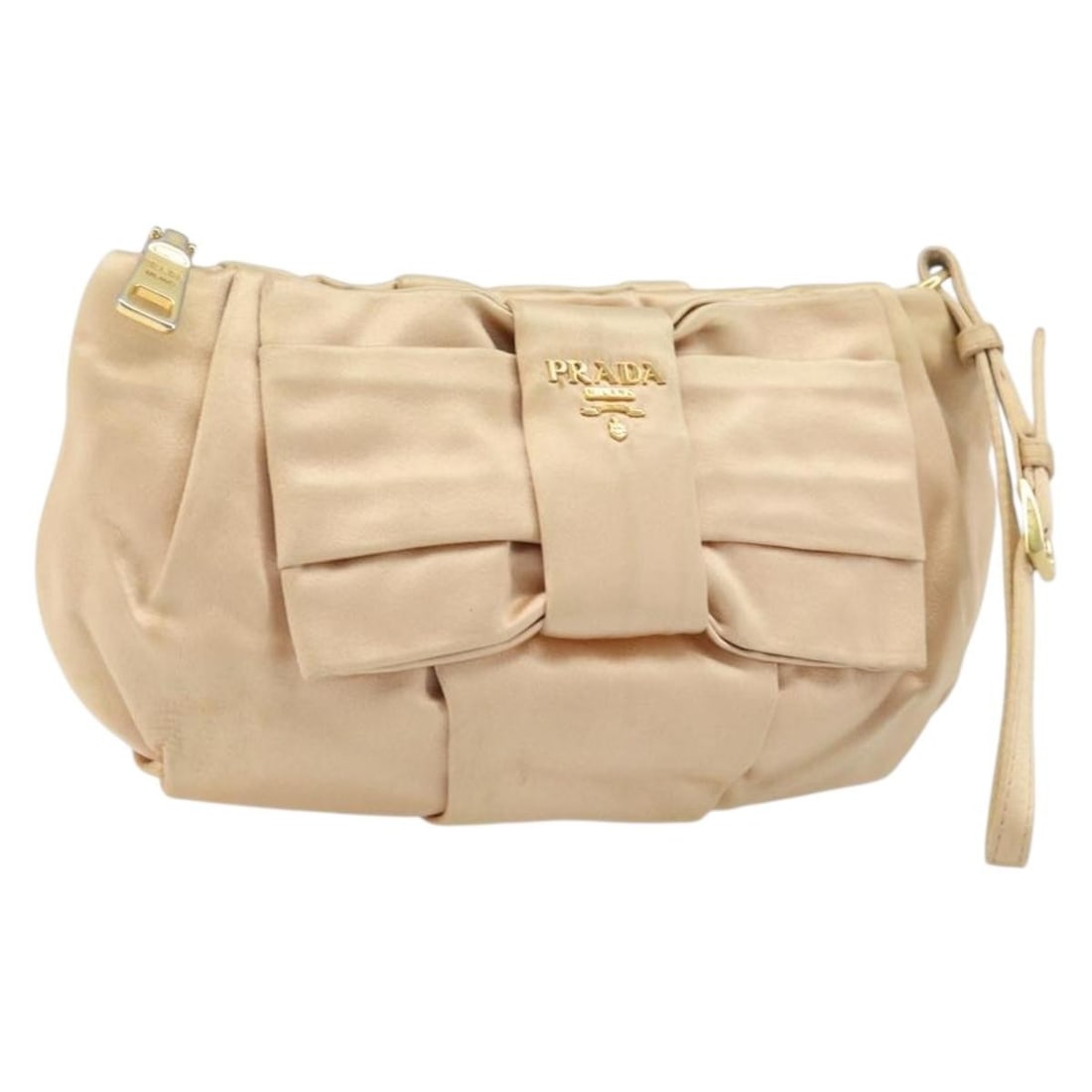 Prada Beige Satin Ribbon Pouch Gold Accent Women's Bag: Prada Beige Satin Ribbon Pouch Gold Accent Women's Bag This PRADA Ribbon Pouch is crafted from satin in a beige and gold color combination. Designed for women, the pouch is made in Italy and features 