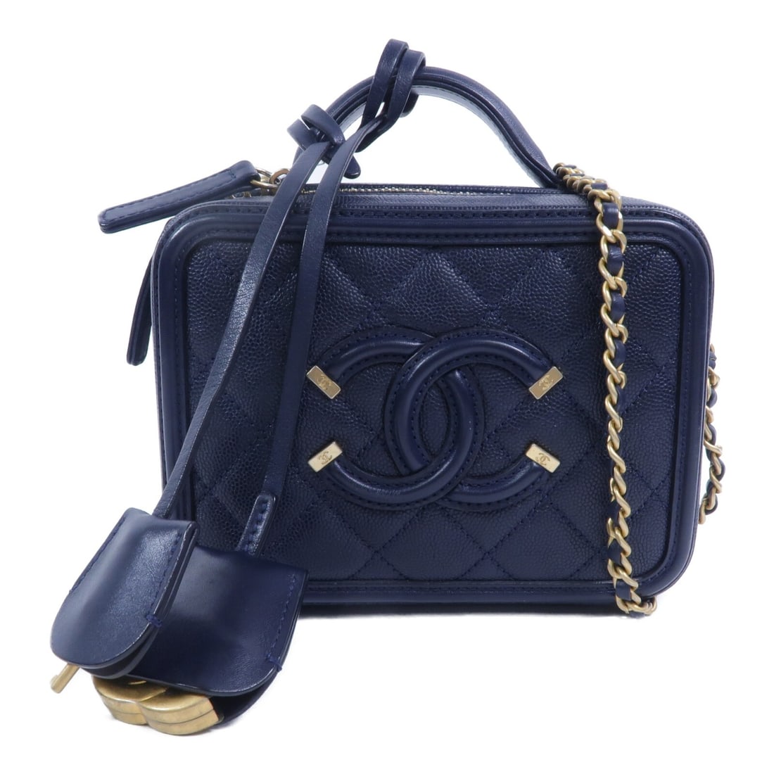 CHANEL A93342 CC Filigree Vanity Case 2way Shoulder Bag Navy Calfskin (1 of 15)