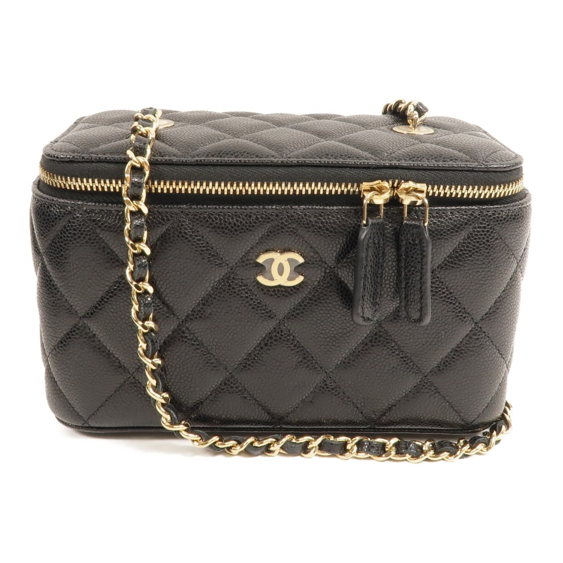 CHANEL AP1341 CC Vanity Shoulder Bag Black Calfskin: CHANEL AP1341 CC Vanity Shoulder Bag Black Calfskin Chanel CC vanity case shoulder bag in black calfskin leather with a compact structured silhouette and zip-fastened closure. The interior includes th