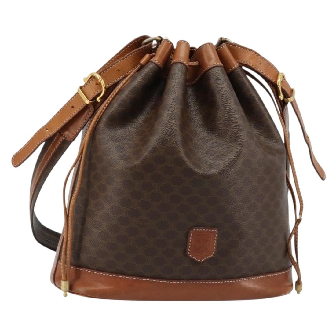 CELINE Macadam Shoulder Bag Brown PVC Leather Gold Tone: CELINE Macadam Shoulder Bag Brown PVC Leather Gold Tone CELINE shoulder bag in Macadam canvas with PVC leather trim in brown and gold tone. Made in Italy, this women's bag features an adjustable shoul