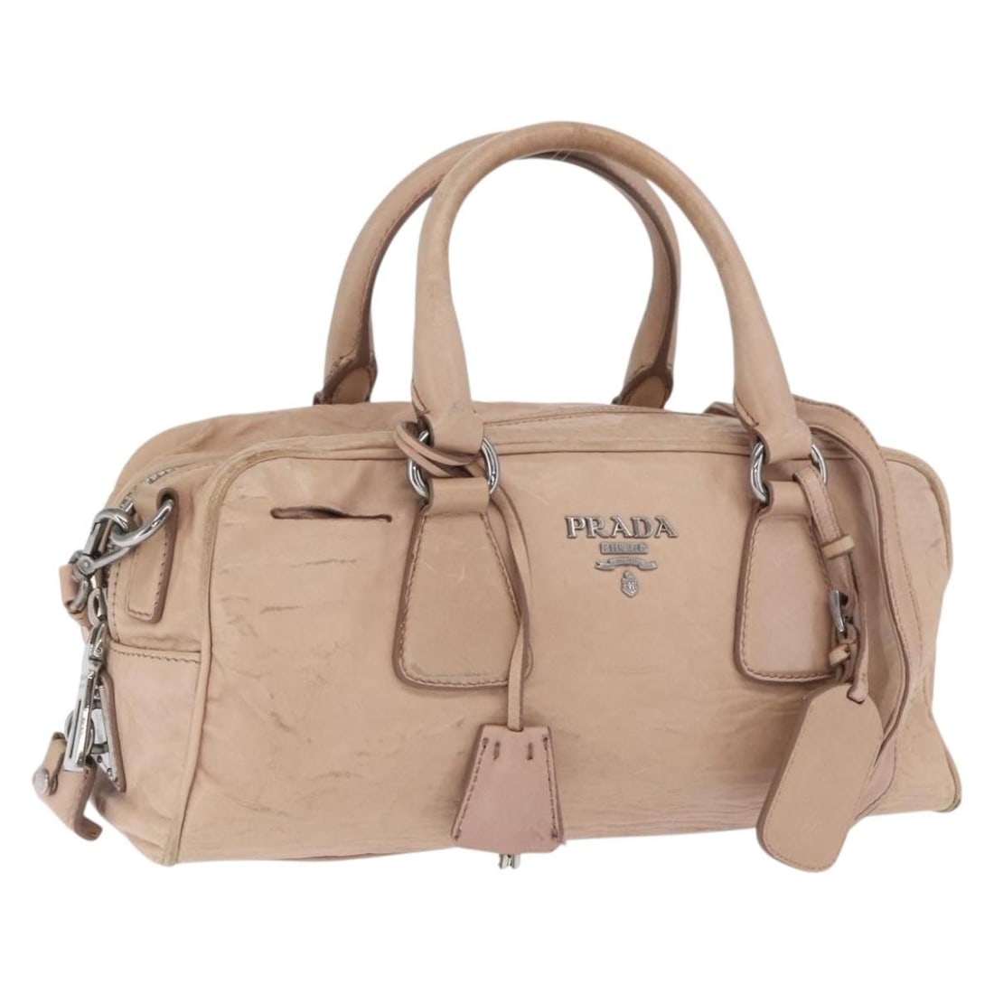 Prada 2 Way Leather Handbag Pink Silver with Strap: Prada 2 Way Leather Handbag Pink Silver with Strap Authentic Prada 2-way handbag in pink and silver leather. This women's bag includes a shoulder strap, name tag, and guarantee card. Condition is heav