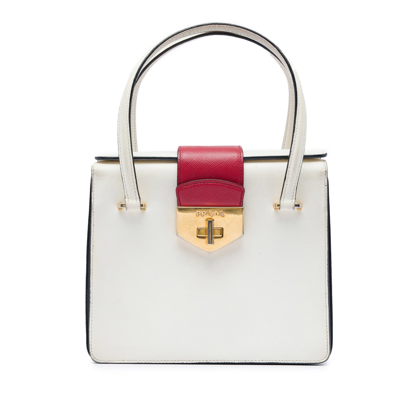 Prada Mini Saffiano Turnlock Leather Handbag White: Prada Mini Saffiano Turnlock Leather Handbag White Mini Prada handbag crafted in saffiano leather with flat leather handles and a fold-over top secured by a turn-lock closure. The interior includes zi