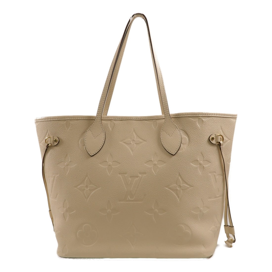 Louis Vuitton Neverfull MM M46676 tote in Monogram Empreinte Creme: Louis Vuitton Neverfull MM M46676 tote in Monogram Empreinte Creme Louis Vuitton Neverfull MM tote bag in Monogram Empreinte calfskin with a beige and creme colorway. This women's tote features an ope