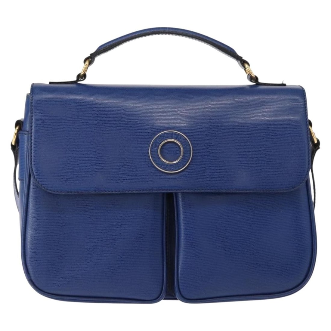 Celine Vintage Circle Logo Blue Leather Shoulder Bag: Celine Vintage Circle Logo Blue Leather Shoulder Bag This vintage Celine Circle Logo crossbody bag features a blue leather exterior with subtle signs of wear, including slight rubbing on the surface a