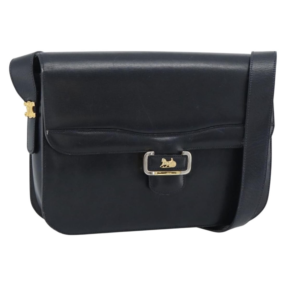 CELINE Leather Shoulder Bag in Navy with Gold Tone Made in Italy: CELINE Leather Shoulder Bag in Navy with Gold Tone Made in Italy Authentic CELINE shoulder bag in navy leather with gold-tone accents. Made in Italy, this women's bag features a compact shoulder silho