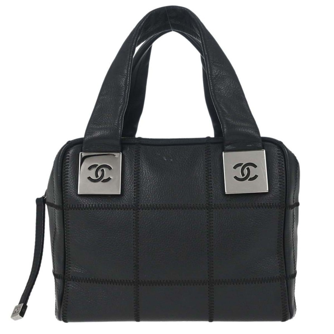 CHANEL Choco Bar Top Handle Bag Black Caviar Leather: CHANEL Choco Bar Top Handle Bag Black Caviar Leather Chanel Choco Bar handbag in black caviar skin leather with double handles and a zip closure. Made in France, this top handle bag includes a serial 