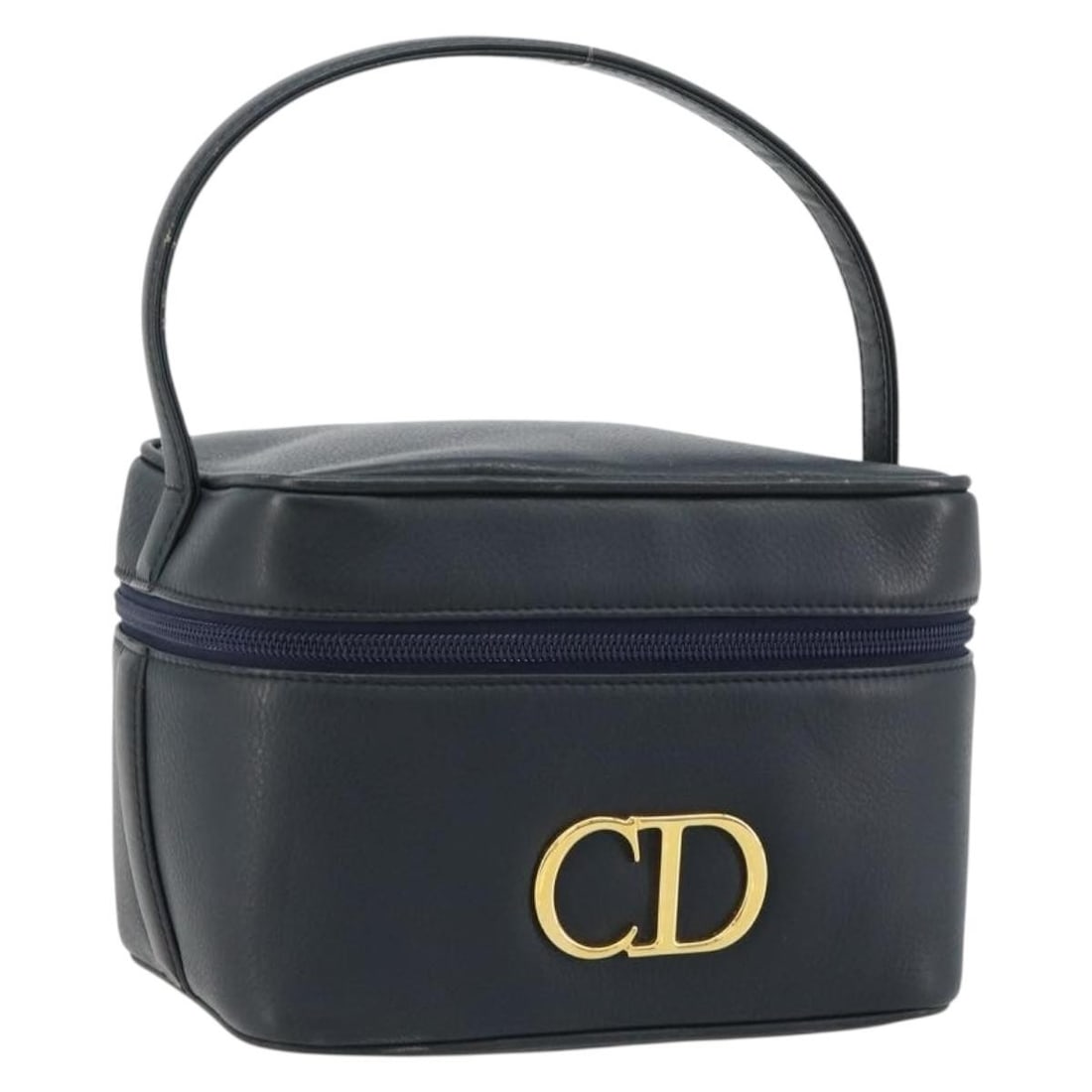 Christian Dior leather vanity handbag navy with gold tone dust bag: Christian Dior leather vanity handbag navy with gold tone dust bag A navy and gold leather hand bag in a vanity style, made in Spain and accompanied by a dust bag. The item shows heavy use, with visib