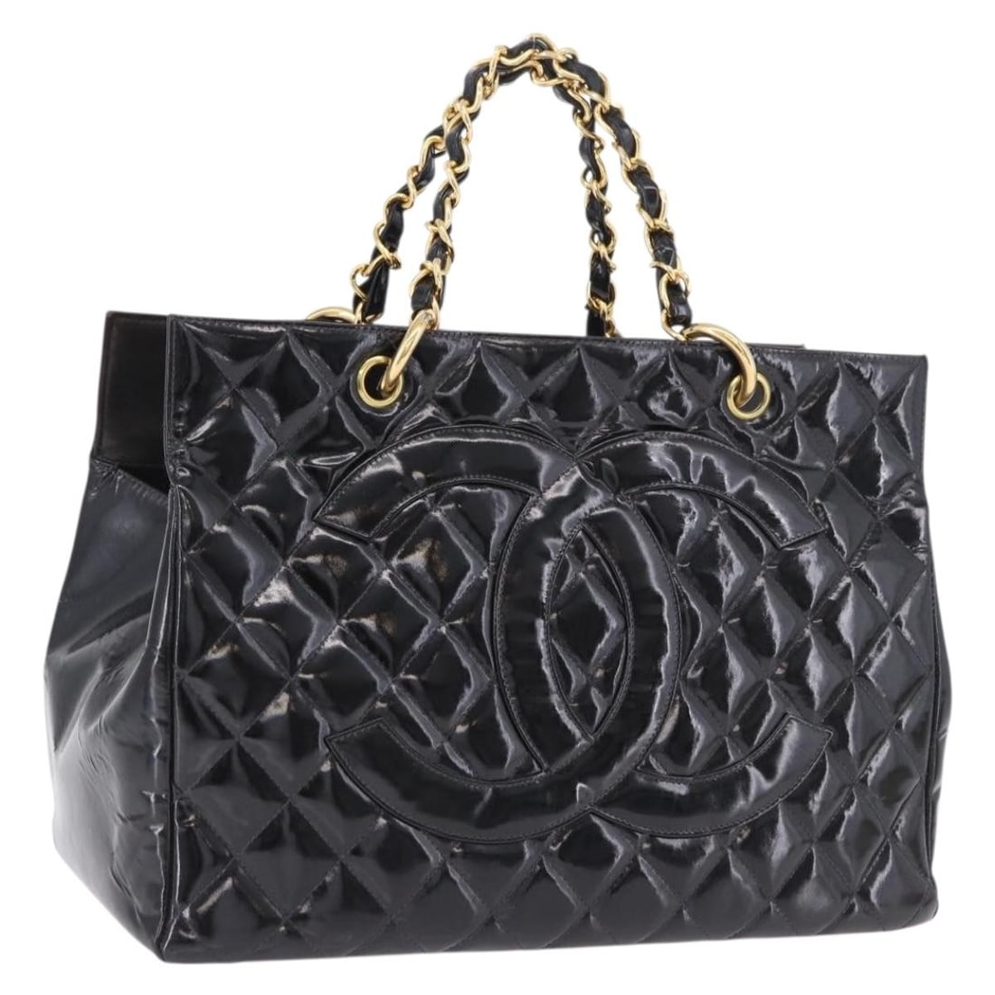 CHANEL CC Patent Leather Chain Hand Bag Black Gold: CHANEL CC Patent Leather Chain Hand Bag Black Gold Chanel Matelasse chain hand bag in black patent leather with gold-tone accents. Made in France, this women's handbag includes the guarantee card. Con