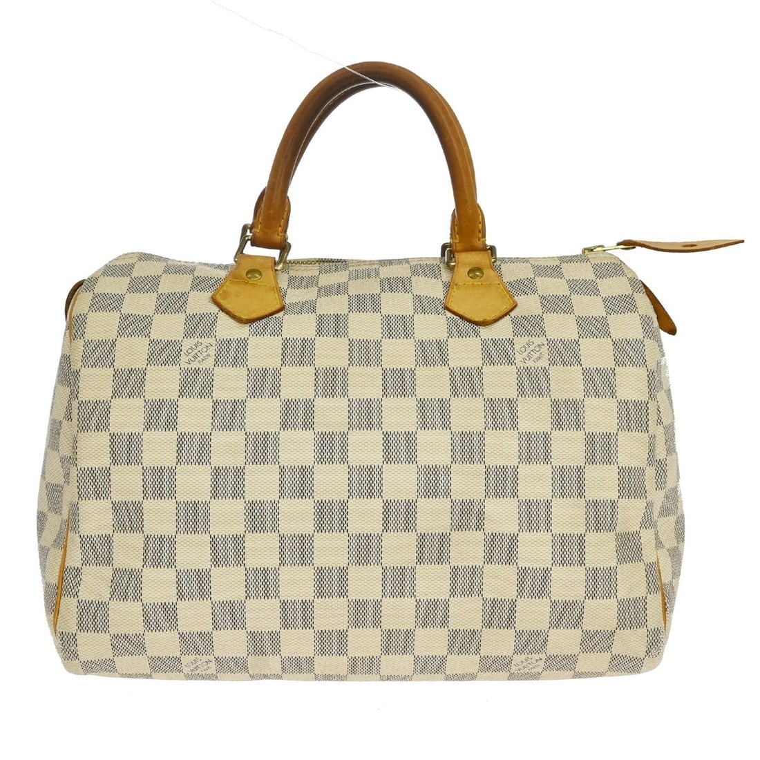 Louis Vuitton Speedy 30 Damier Azur Duffle Bag N41533: Louis Vuitton Speedy 30 Damier Azur Duffle Bag N41533 Vintage Louis Vuitton Speedy 30 handbag in Damier Azur canvas with leather trim and double handles. This women's duffle-style bag features a zip c