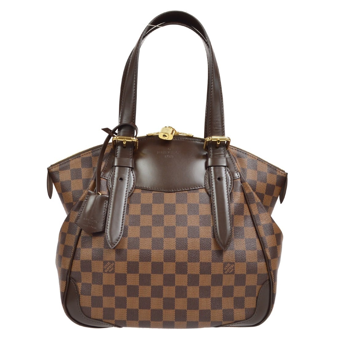 Louis Vuitton Verona MM Brown Damier Canvas Zip Tote: Louis Vuitton Verona MM Brown Damier Canvas Zip Tote Louis Vuitton Verona MM handbag in brown Damier Ebene canvas with leather trim and double handles. This medium zip-top bag features logo accents, a