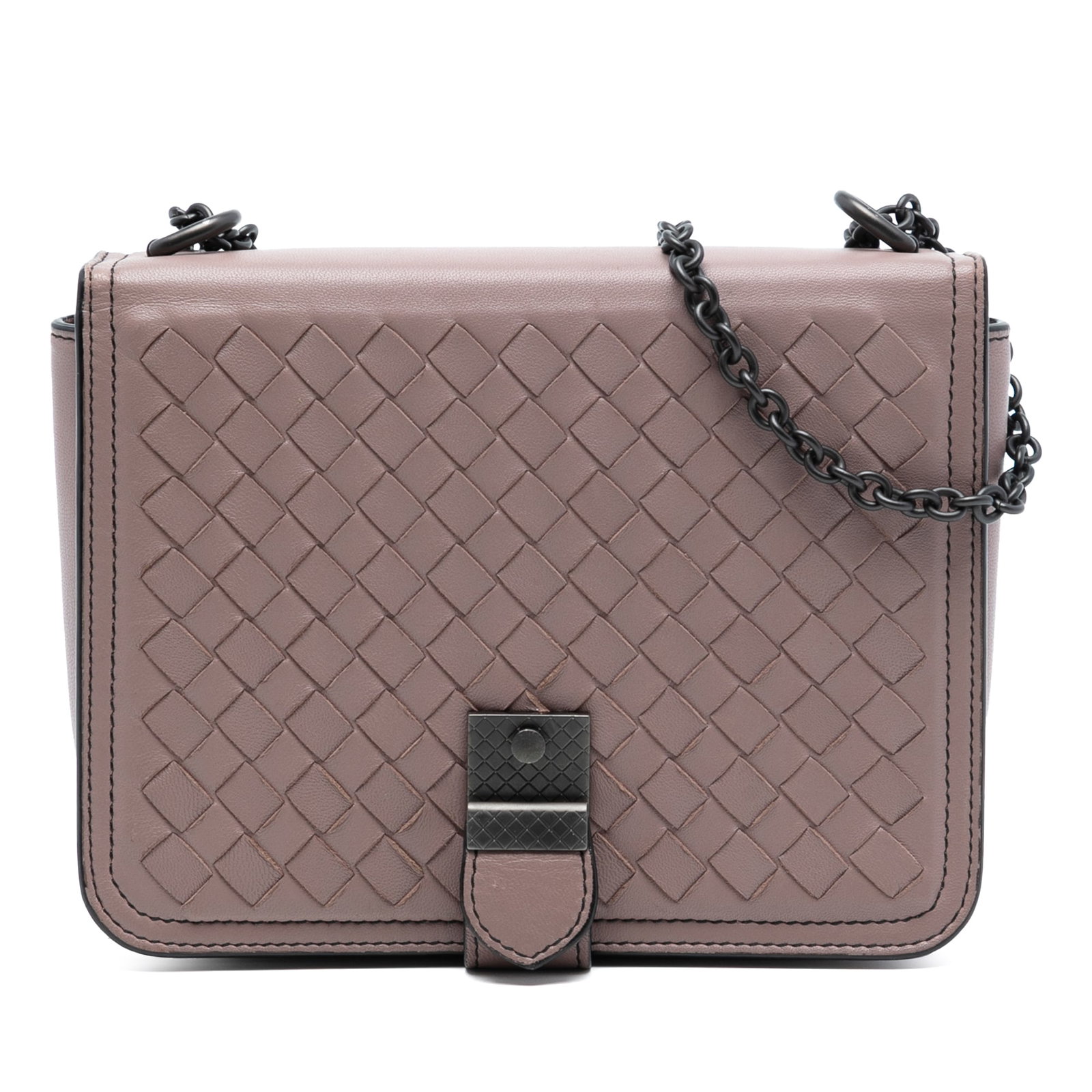 Small Pink Nappa Leather Shoulder Bag by Bottega Veneta Intrecciato: Small Pink Nappa Leather Shoulder Bag by Bottega Veneta Intrecciato This Bottega Veneta Small Nappa Intrecciato Runway Shoulder Bag features a woven nappa leather body in pink, a chain link strap with