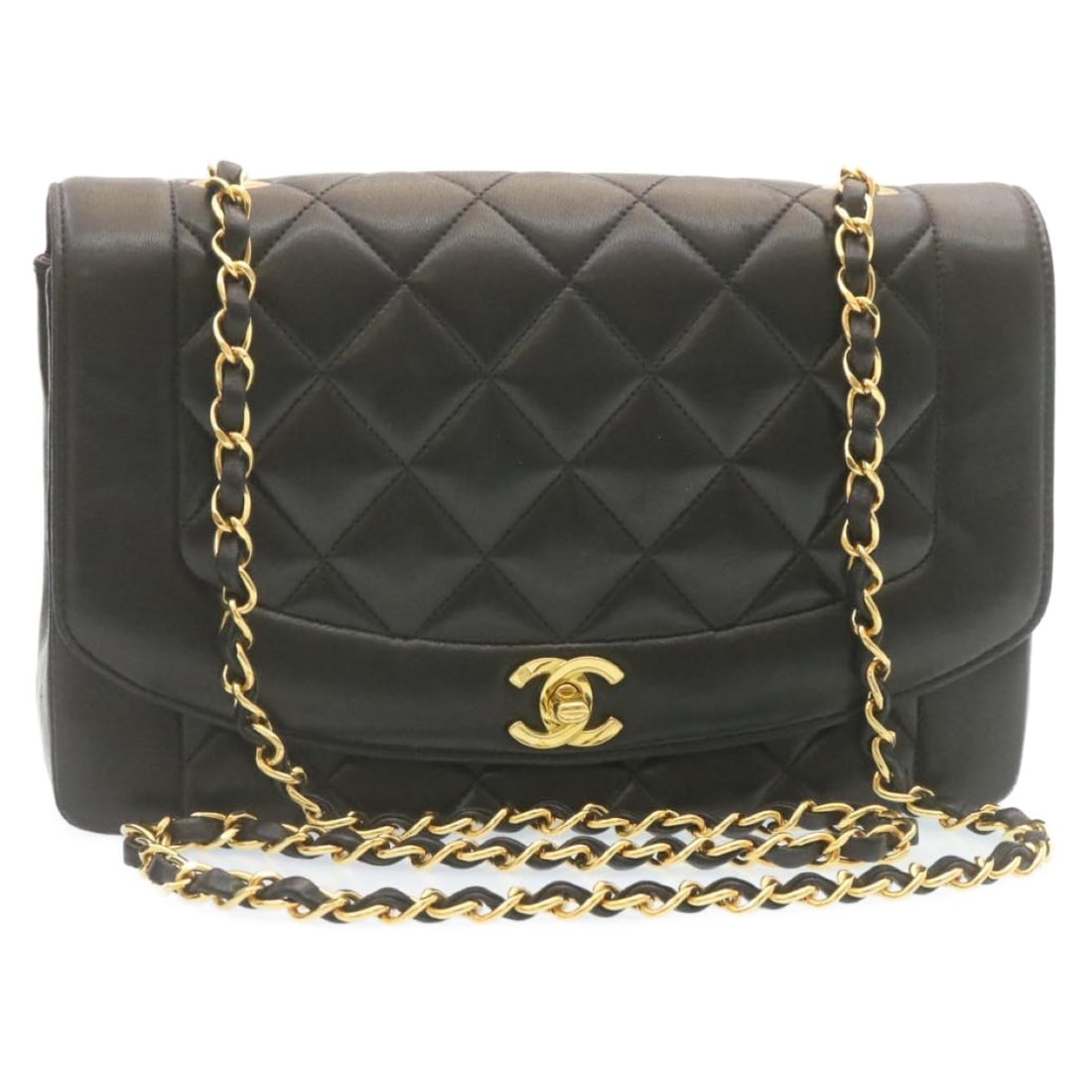 CHANEL Diana shoulder bag in black lambskin with chain strap: CHANEL Diana shoulder bag in black lambskin with chain strap Authentic CHANEL Diana Matelasse shoulder bag in black lamb skin leather with a chain strap and turn-lock closure. Made in France, this wom