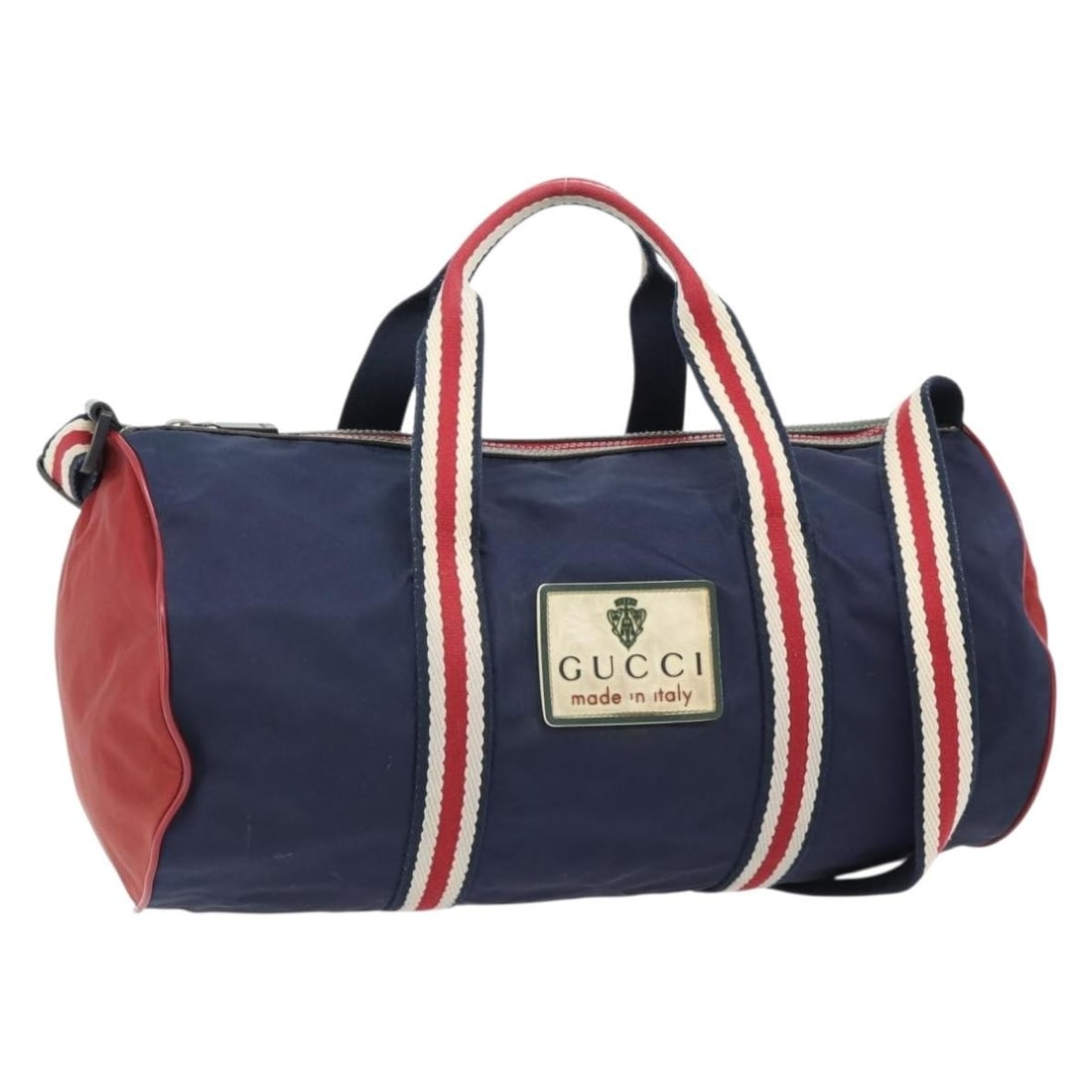 Gucci Navy Red Nylon 2way Hand Bag 189657 Italy: Gucci Navy Red Nylon 2way Hand Bag 189657 Italy This GUCCI 2-way handbag is crafted from durable nylon in a navy and red color scheme. Designed for versatility, it can be carried by hand or worn over 