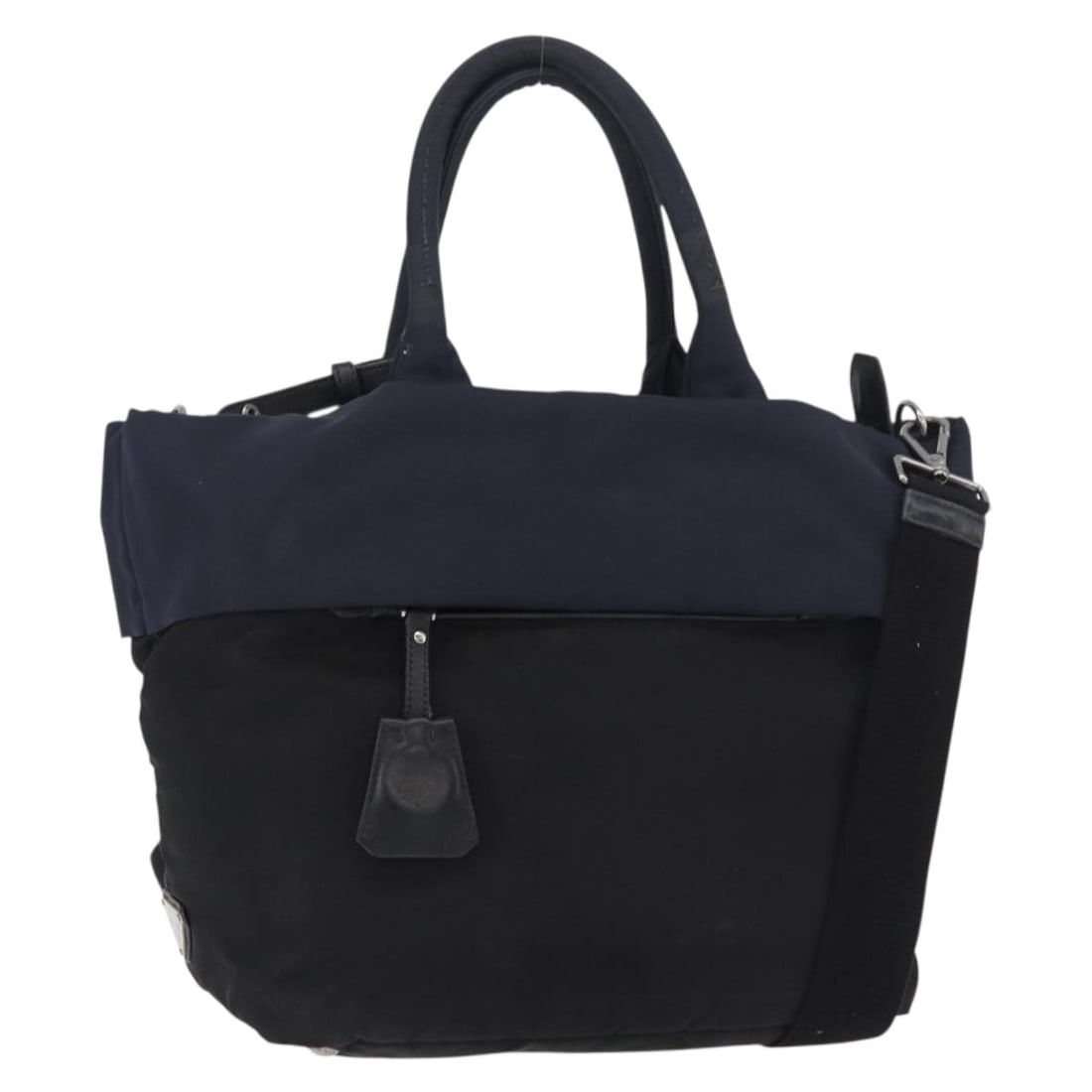 Prada Nylon 2Way Handbag Black Silver with Shoulder Strap: Prada Nylon 2Way Handbag Black Silver with Shoulder Strap Authentic Prada 2-way handbag in black nylon with silver-tone accents. Designed for women, this bag includes a shoulder strap and dual carry o