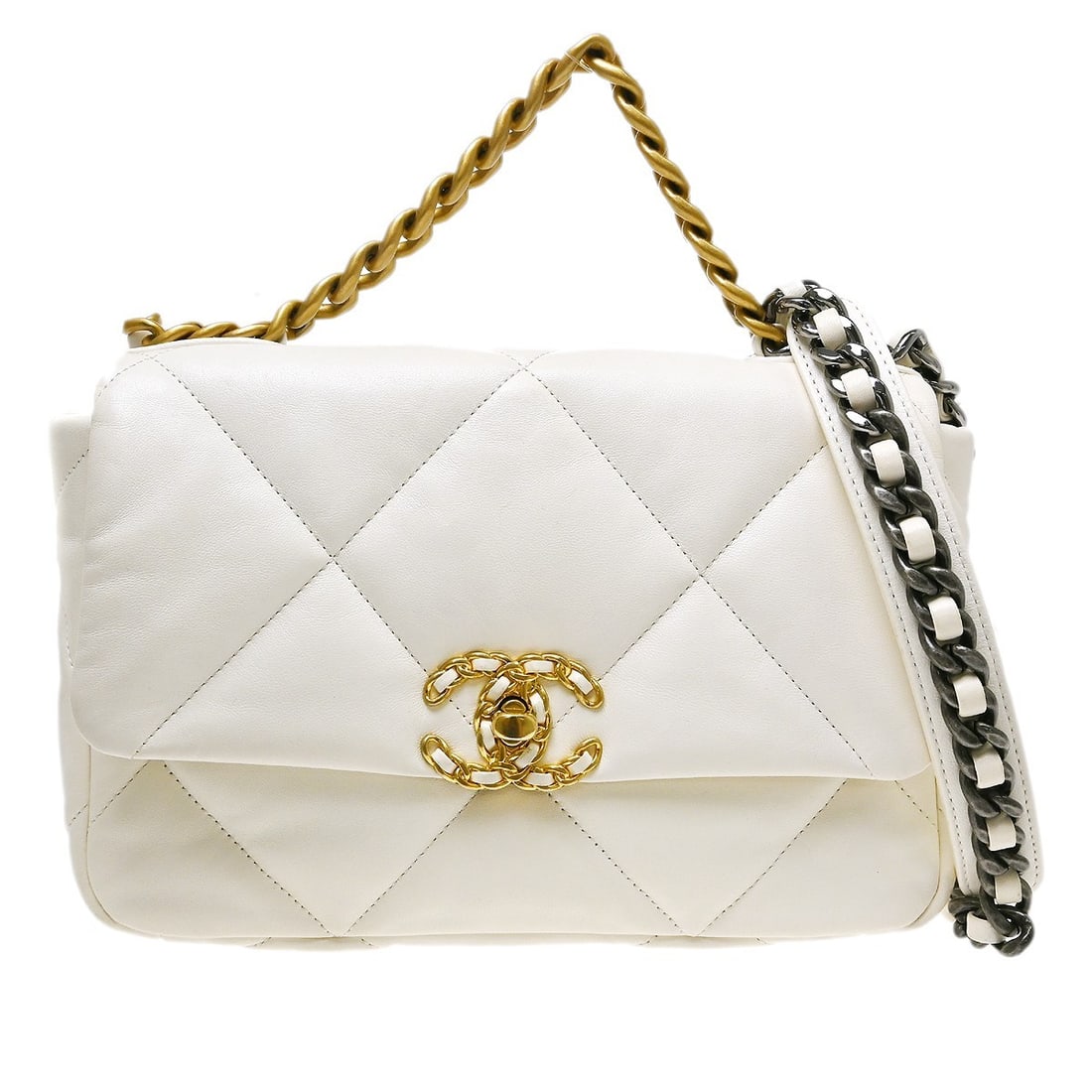 Chanel 19 Flap White Calfskin Shoulder Bag: Chanel 19 Flap White Calfskin Shoulder Bag Chanel 19 Flap bag in white quilted calfskin. Made in Italy, this piece is presented in good condition with light scratches and dirt noted on the exterior. S