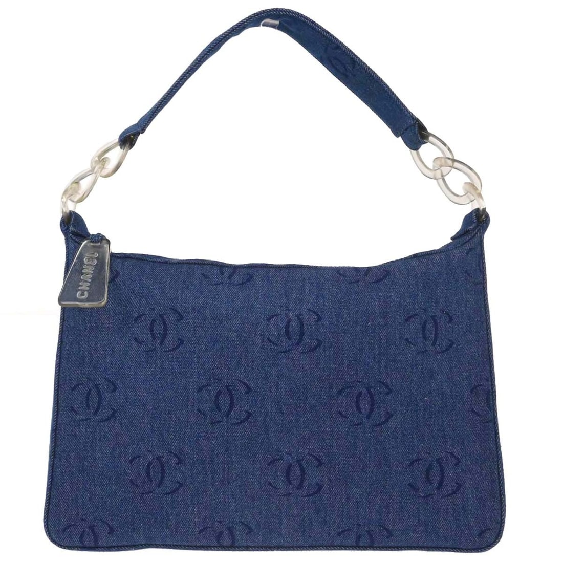 CHANEL Denim Shoulder Bag in Blue with Acrylic Chain: CHANEL Denim Shoulder Bag in Blue with Acrylic Chain Large Chanel shoulder bag in blue denim with acrylic chain detailing. This women's bag is made in Italy and features two interior zipper pockets. I