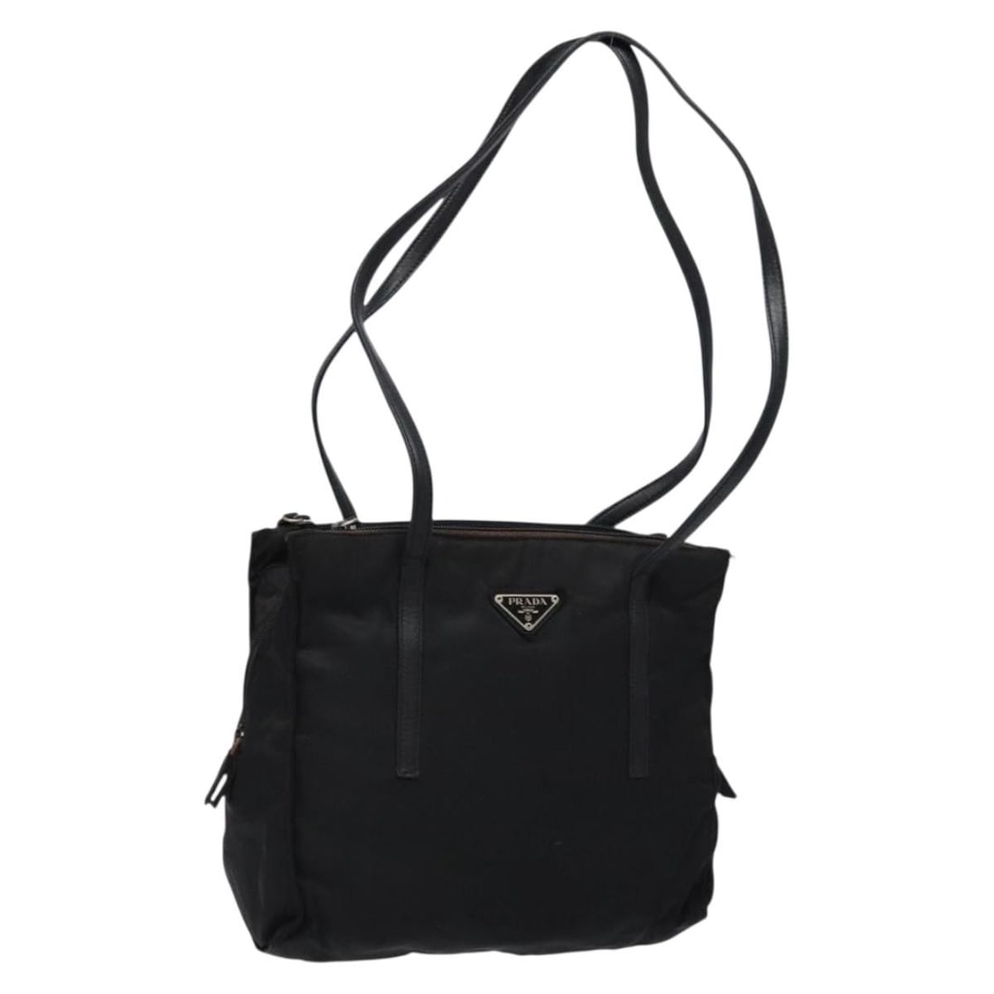 PRADA Black Nylon Tote Bag with Silver Tone Hardware: PRADA Black Nylon Tote Bag with Silver Tone Hardware Authentic Prada tote bag in black nylon with silver-tone accents. This women's bag is made in Italy and features a practical tote silhouette with a