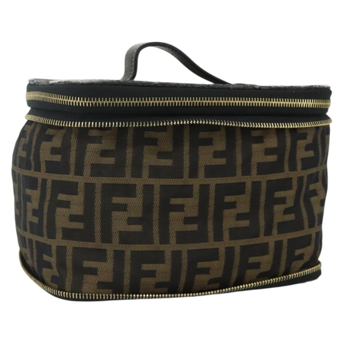 FENDI Zucca Canvas Brown Black Vanity Handbag: FENDI Zucca Canvas Brown Black Vanity Handbag This FENDI Zucca Canvas vanity hand bag features the iconic brown and black monogram pattern. Crafted in Italy, it is designed for women and offers a comp