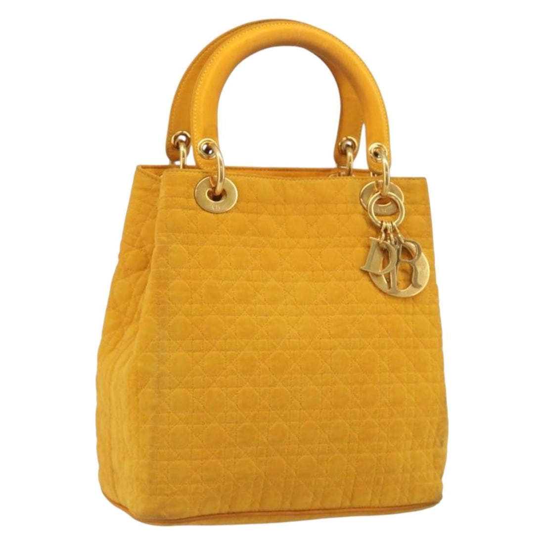 Christian Dior Lady Dior Canvas Handbag Yellow Gold Tone: Christian Dior Lady Dior Canvas Handbag Yellow Gold Tone Christian Dior Lady Dior handbag in yellow canvas with gold-tone accents. Made in Italy, this women's handbag is offered without the original b