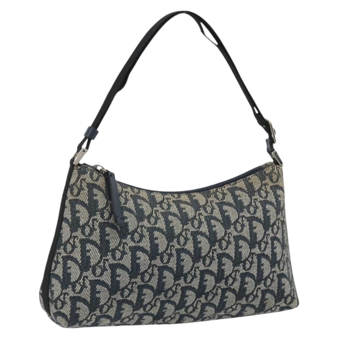Christian Dior Trotter Shoulder Bag in Navy Silver Canvas: Christian Dior Trotter Shoulder Bag in Navy Silver Canvas Christian Dior shoulder bag in navy and silver Trotter canvas. Made in Italy, this women's bag features a compact silhouette with an adjustabl