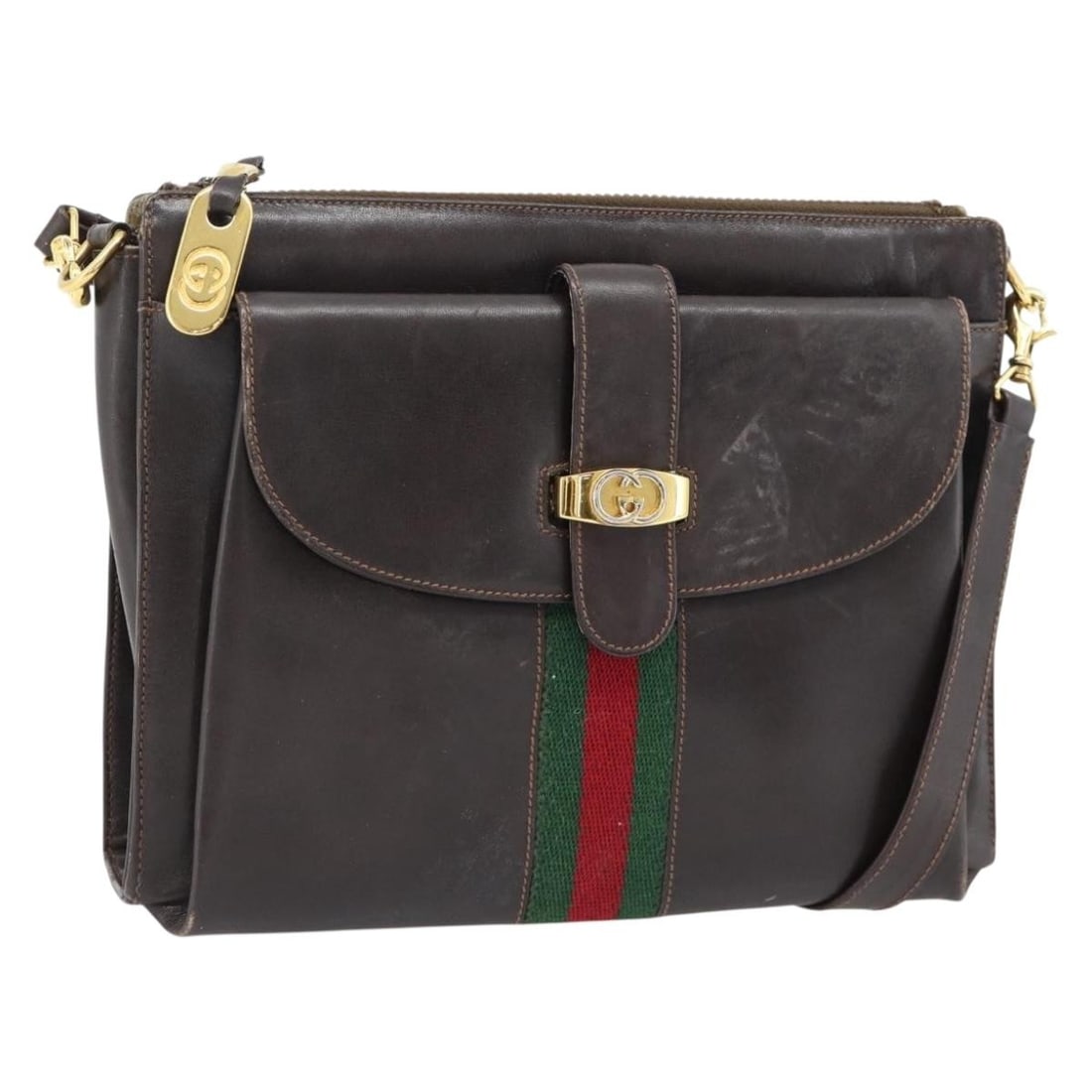 Gucci Leather Shoulder Bag Brown with Web Sherry Stripe 181788: Gucci Leather Shoulder Bag Brown with Web Sherry Stripe 181788 Authentic Gucci Web Sherry Line shoulder bag in brown, red, and green leather. This women's shoulder bag is made in Italy and includes on