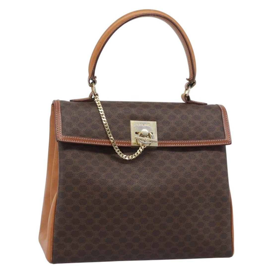 CELINE Macadam Brown PVC Leather Handbag Gold Tone Italy: CELINE Macadam Brown PVC Leather Handbag Gold Tone Italy Celine Macadam hand bag in brown PVC leather with gold-tone accents, made in Italy. This women's handbag includes only the item shown in the ph