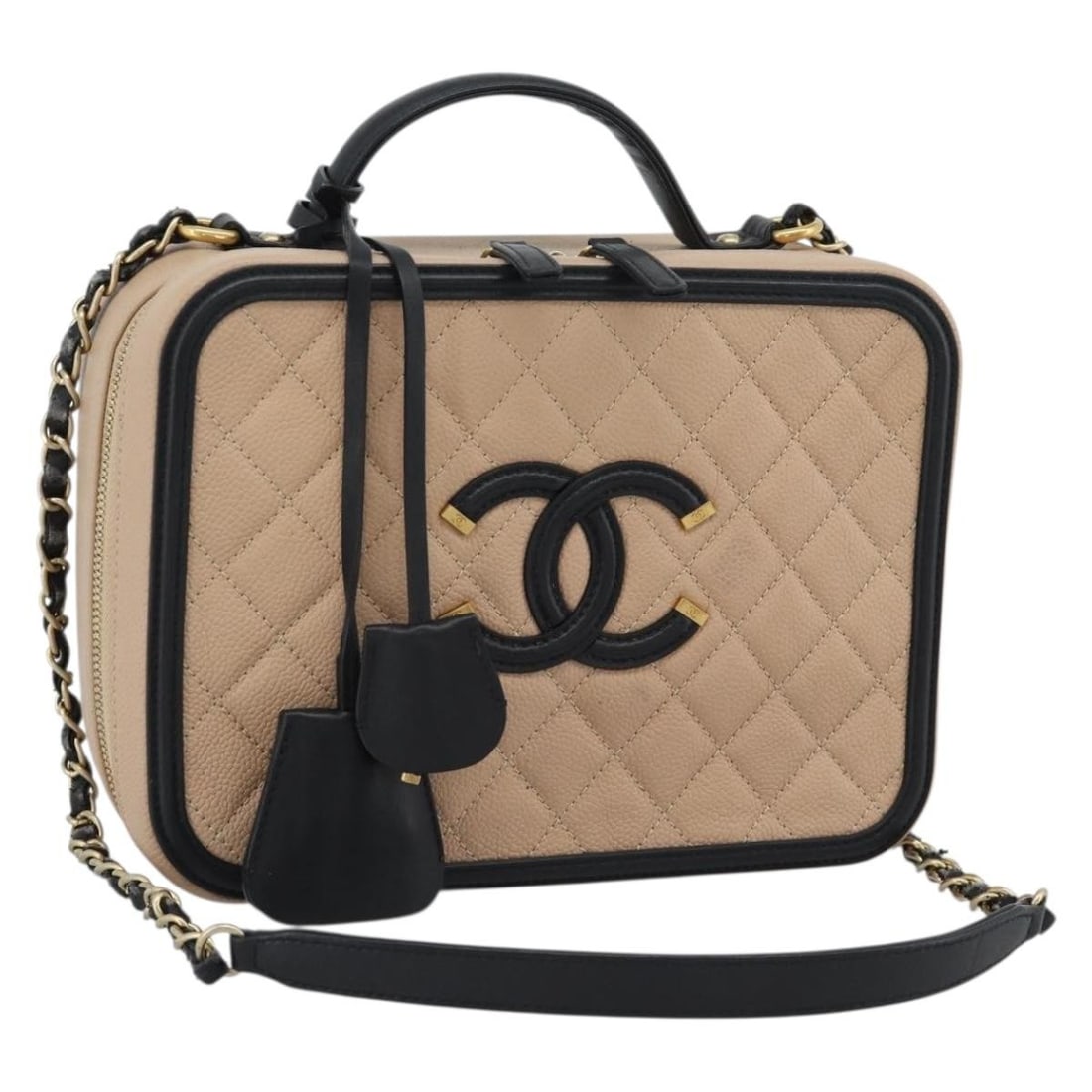CHANEL CC Filigree 2 Way Vanity Hand Bag Caviar Skin Beige Gold: CHANEL CC Filigree 2 Way Vanity Hand Bag Caviar Skin Beige Gold A CHANEL CC Filigree vanity handbag in beige and gold, crafted from caviar skin. This 2-way style includes a shoulder strap and top hand