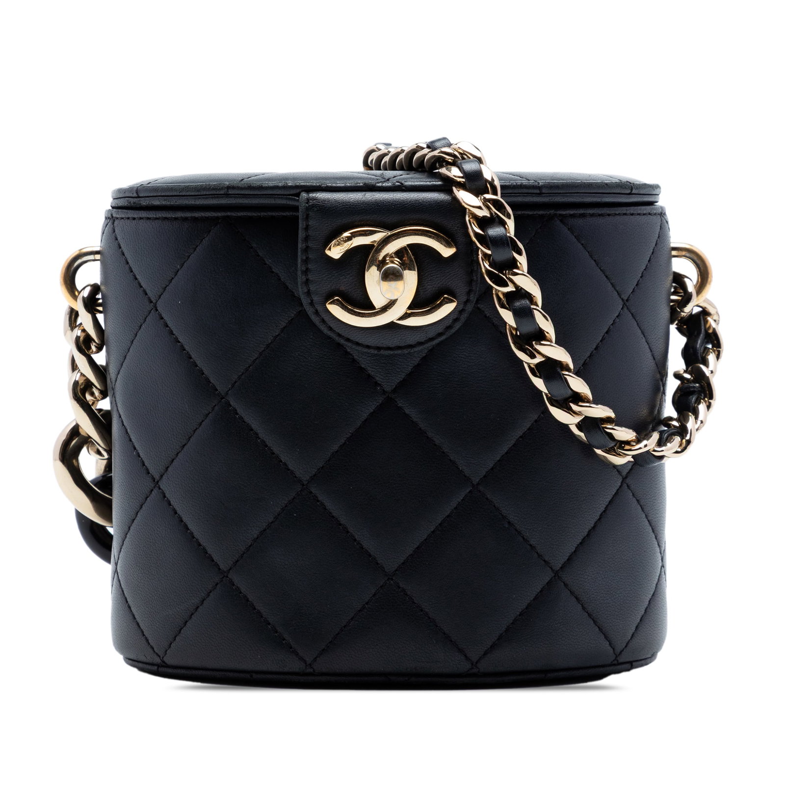 Chanel black lambskin vanity case with chain strap: Chanel black lambskin vanity case with chain strap This Chanel CC Lambskin Elegant Chain Vanity Case is crafted from quilted lambskin leather in black and features a chain-link shoulder strap with a l