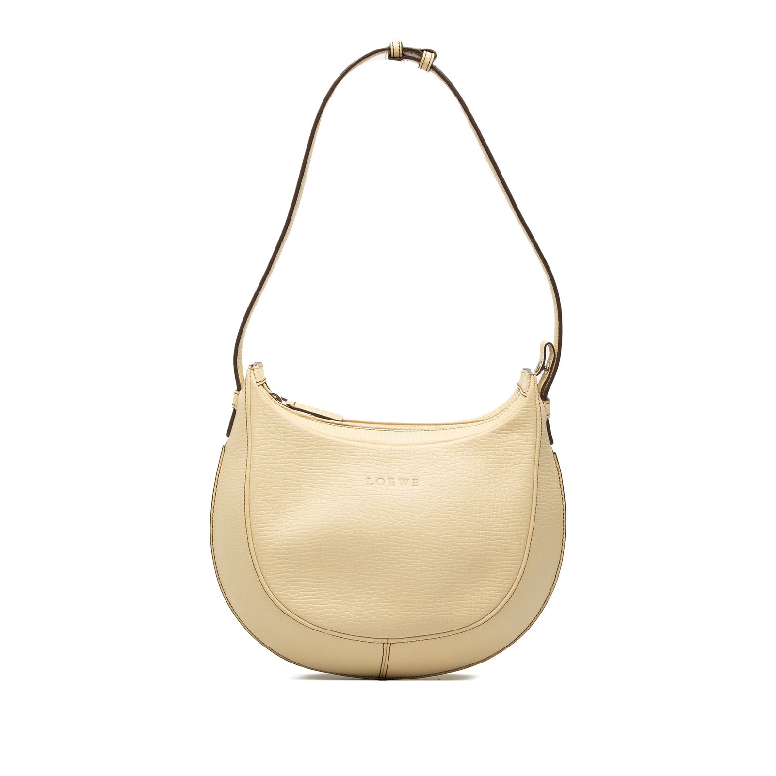 LOEWE Logo Hobo Bag in White Embossed Leather: LOEWE Logo Hobo Bag in White Embossed Leather LOEWE embossed leather logo hobo bag crafted in white leather with a flat leather strap, top zip closure, and an interior zip pocket. Made in Spain. Condi