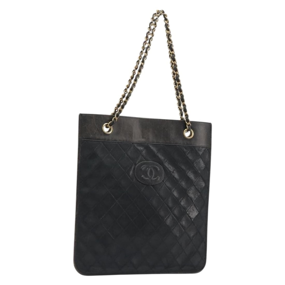 CHANEL CC Black Lamb Skin Chain Tote Handbag Gold Tone: CHANEL CC Black Lamb Skin Chain Tote Handbag Gold Tone Chanel tote bag in black lamb skin with a chain strap design and CC detailing. Made in France, this women's bag shows heavy use with visible wear