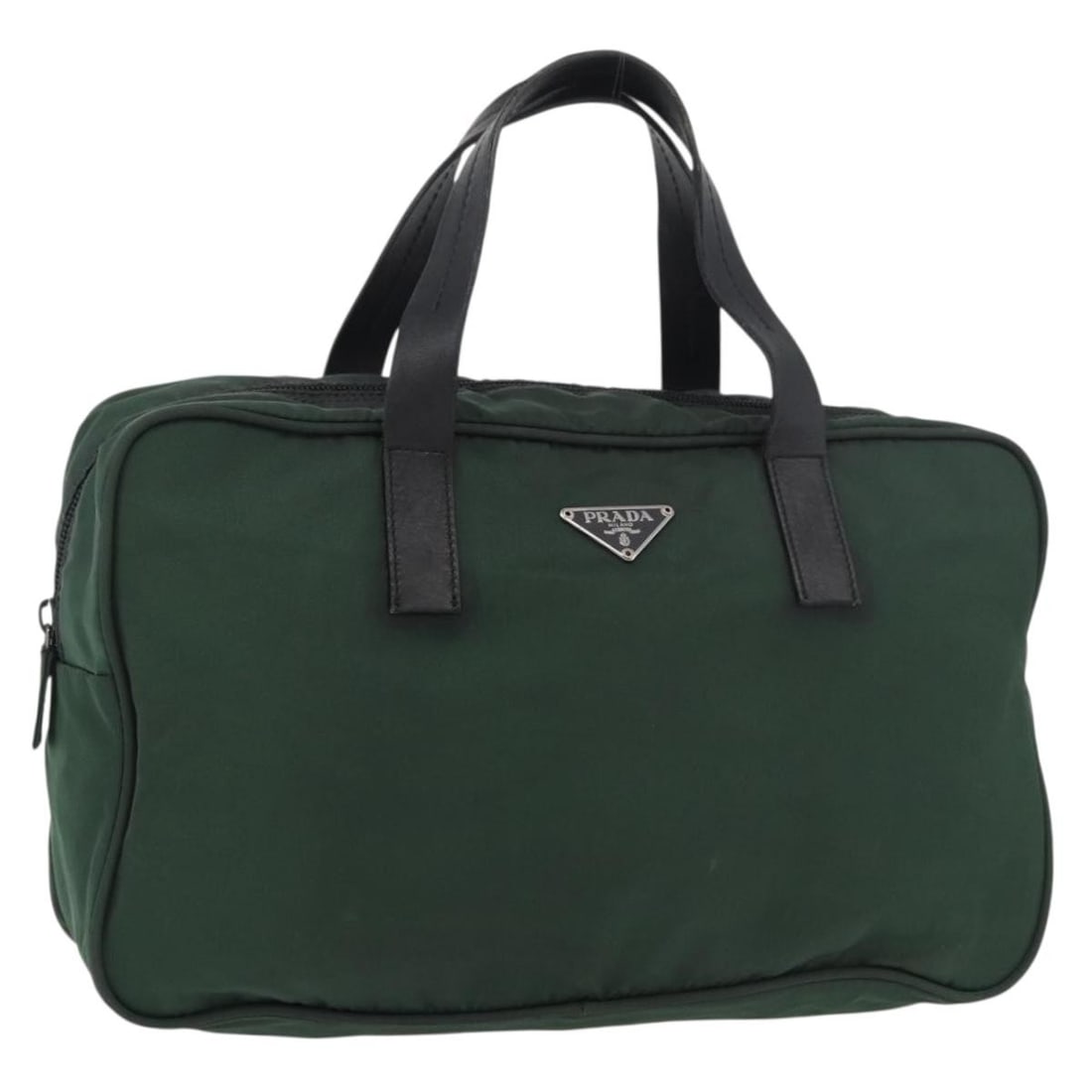 Prada nylon khaki silver women handbag Italy 12.2 inch: Prada nylon khaki silver women handbag Italy 12.2 inch This PRADA women's handbag features a khaki and silver nylon exterior, crafted in Italy. The bag is designed with a top handle and offers a pract