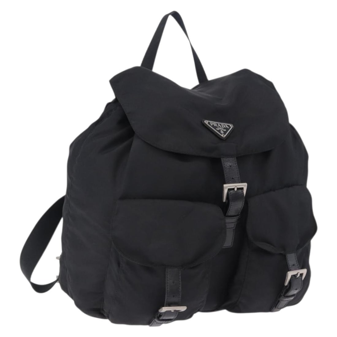 PRADA Black Nylon Backpack Silver Tone Italy 194403: PRADA Black Nylon Backpack Silver Tone Italy 194403 Authentic Prada women's backpack in black nylon with silver-tone accents, made in Italy. This heavily used bag shows visible wear throughout, includ