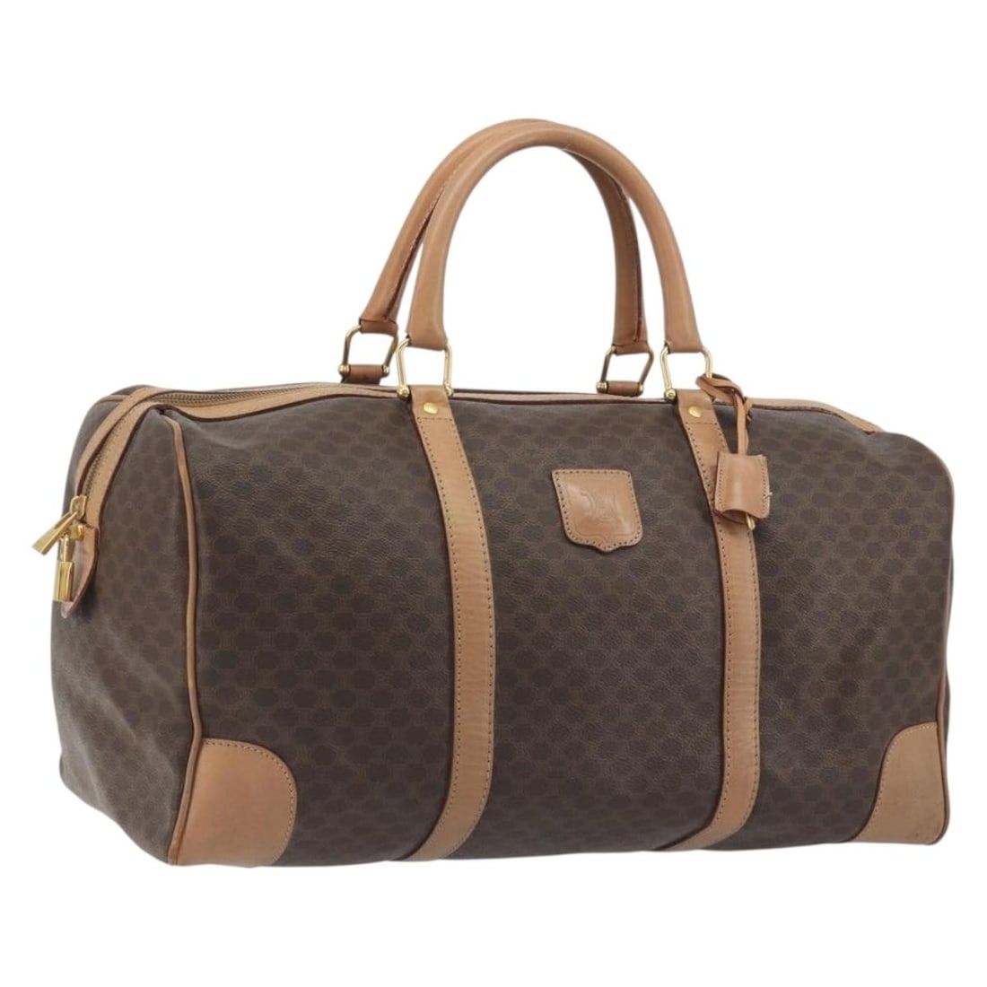 CELINE Macadam PVC Leather Boston Bag Brown with Padlock Key: CELINE Macadam PVC Leather Boston Bag Brown with Padlock Key Authentic CELINE Macadam Boston bag in brown PVC leather with gold tone accents. Made in Italy, this women's bag includes a padlock, one ke
