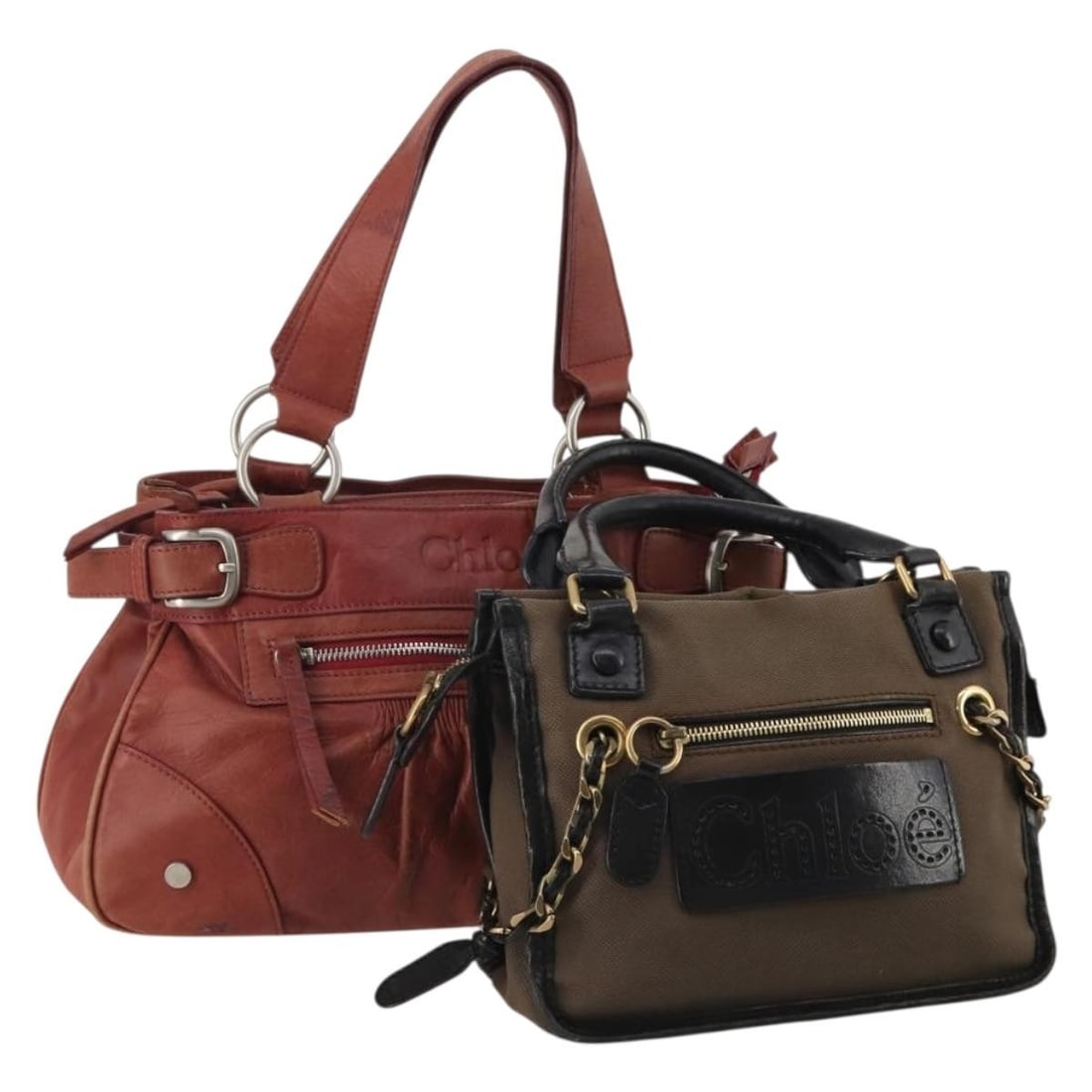 Chloe khaki red canvas leather handbag bundle of 2 Italy: Chloe khaki red canvas leather handbag bundle of 2 Italy Set of 2 Chloe women's handbags in khaki and red canvas with leather trim, made in Italy. This bundle includes only the items shown in the phot