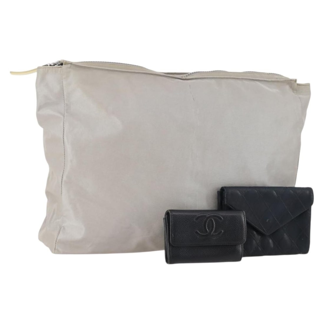 Set of 3 Chanel Matelasse Caviar Leather Wallets Black Gray Navy: Set of 3 Chanel Matelasse Caviar Leather Wallets Black Gray Navy This CHANEL Matelasse wallet set includes three wallets crafted from caviar skin in black, gray, and navy. Designed for women, these wa