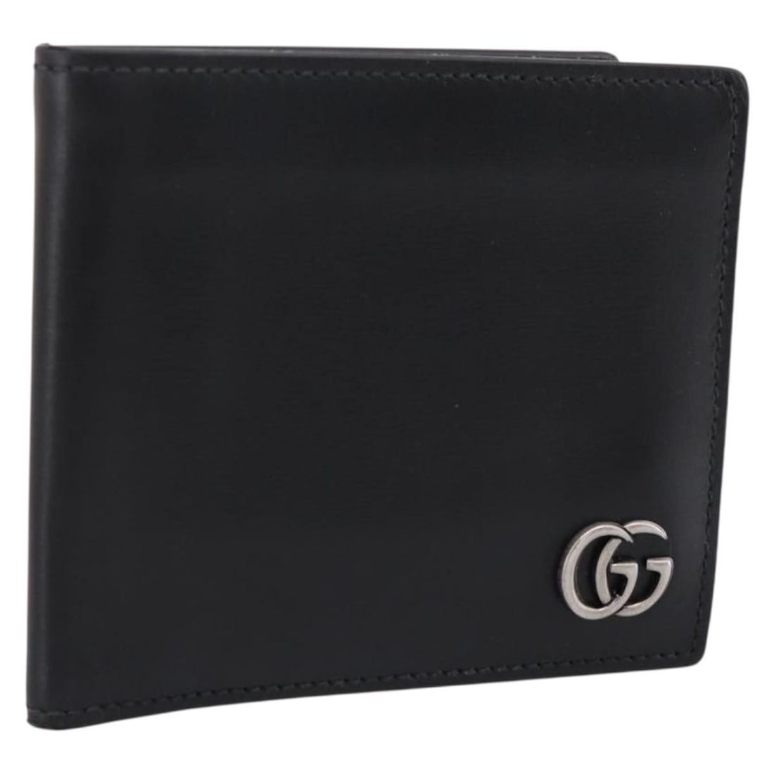 Gucci 428725 black leather compact wallet with silver hardware: Gucci 428725 black leather compact wallet with silver hardware Compact Gucci GG Marmont wallet in black leather with silver-tone detailing. This women's wallet was made in Italy and is offered without