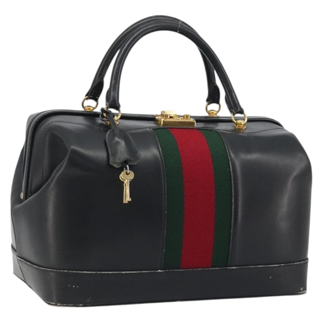 GUCCI Sherry Web Leather Boston Bag Black with Keys Clochette: GUCCI Sherry Web Leather Boston Bag Black with Keys Clochette Gucci Web Sherry Line Boston bag in black leather with gold-tone accents. This women's handbag is made in Italy and includes two keys and 