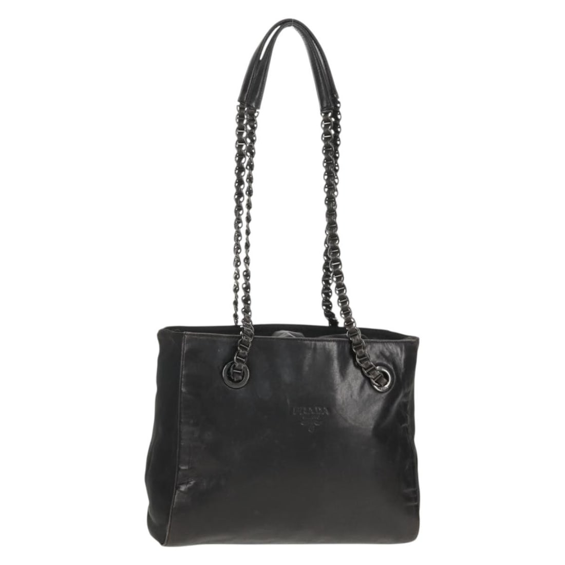 PRADA Black Leather Nylon Chain Shoulder Bag Italy Auth: PRADA Black Leather Nylon Chain Shoulder Bag Italy Auth This authentic PRADA Chain Shoulder Bag is a stylish accessory crafted in Italy, featuring a luxurious black leather exterior. The bag showcases