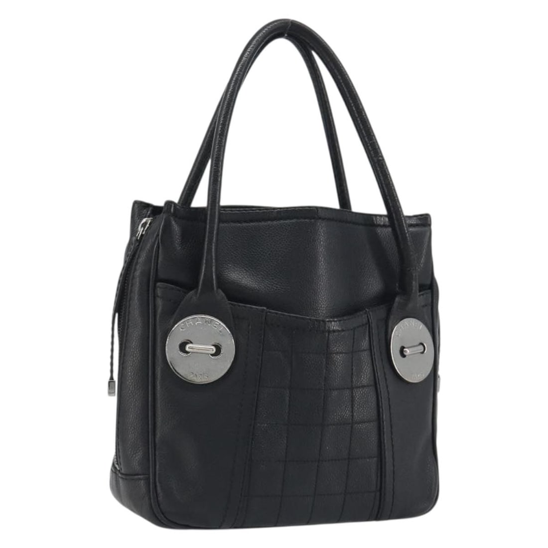 CHANEL Choco Bar Leather Handbag Black Silver Tone CC: CHANEL Choco Bar Leather Handbag Black Silver Tone CC Chanel Choco Bar Line hand bag in black leather with silver-tone CC detailing. Made in Italy, this women's handbag is offered without the original