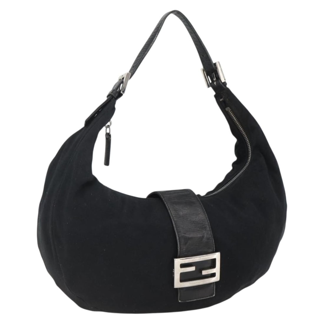 Fendi Mamma Baguette Black Nylon Shoulder Bag Silver Tone: Fendi Mamma Baguette Black Nylon Shoulder Bag Silver Tone Fendi Mamma Baguette shoulder bag in black and silver nylon, made in Italy. This women's shoulder bag measures approximately 34 cm wide, 16 cm