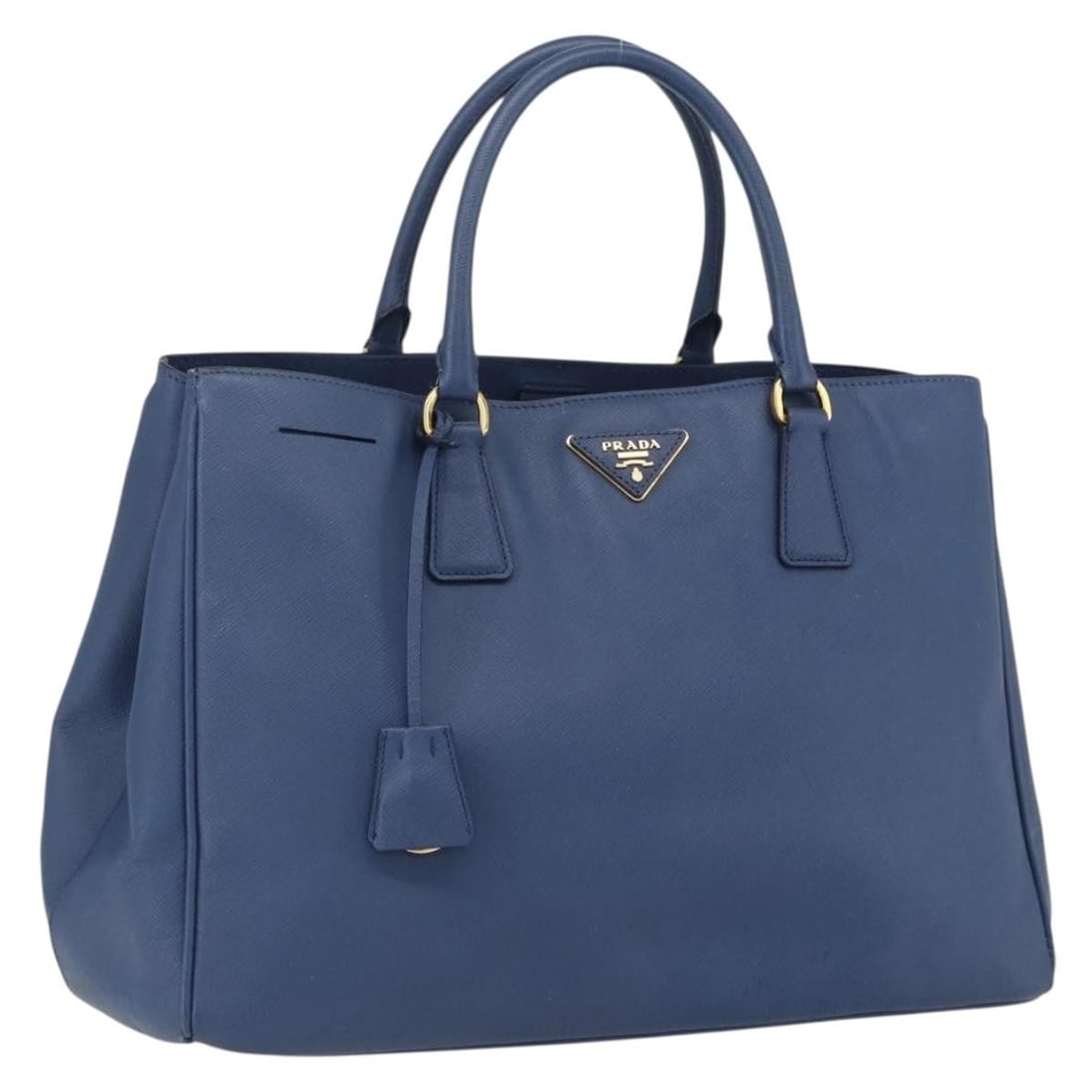 PRADA Saffiano Leather Handbag Blue with Guarantee Card: PRADA Saffiano Leather Handbag Blue with Guarantee Card Prada Saffiano leather handbag in blue with gold-tone accents. Made in Italy, this women's handbag includes the guarantee card. Condition is hea