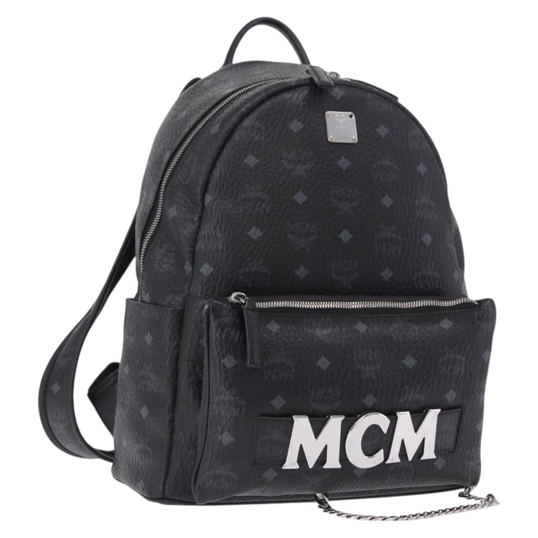 MCM black leather backpack with pouch silver tone accents: MCM black leather backpack with pouch silver tone accents MCM Vicetos logogram backpack in black and silver leather with an included pouch. Made in Korea, this women's backpack shows heavy use with vi