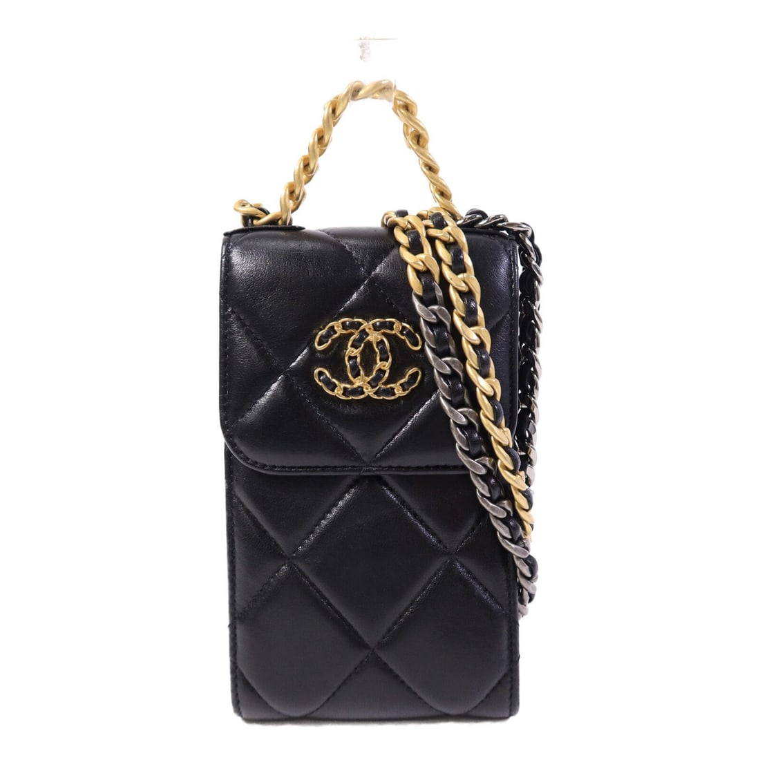CHANEL AP1773 Chanel 19 Phone Bag Black Lambskin 2 Way Shoulder Bag: CHANEL AP1773 Chanel 19 Phone Bag Black Lambskin 2 Way Shoulder Bag CHANEL 19 Phone Bag 2 Way Shoulder Bag model AP1773 in black lambskin (sheep leather). This women's regular-size bag is made in Fran
