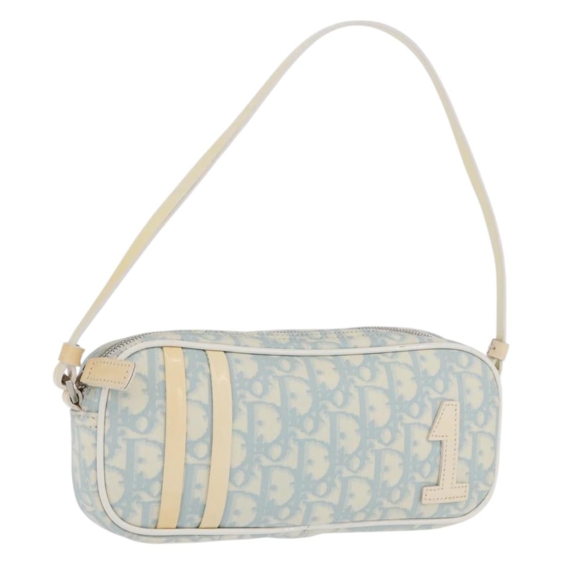 Christian Dior Trotter Canvas PVC Leather Pouch Light Blue Silver: Christian Dior Trotter Canvas PVC Leather Pouch Light Blue Silver Christian Dior Trotter canvas hand pouch in light blue and silver, crafted with PVC leather. Made in Italy, this women's pouch is offe