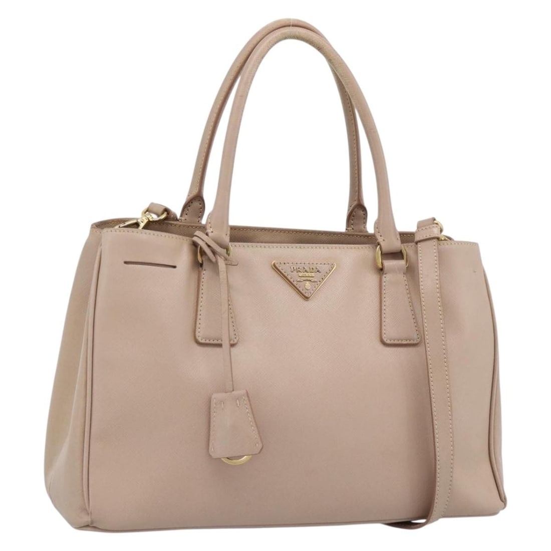 PRADA Saffiano Leather 2way Handbag Beige Gold Clochette: PRADA Saffiano Leather 2way Handbag Beige Gold Clochette Prada women's 2-way handbag in beige Saffiano leather with gold-tone accents. Made in Italy, this bag includes a clochette and features both to