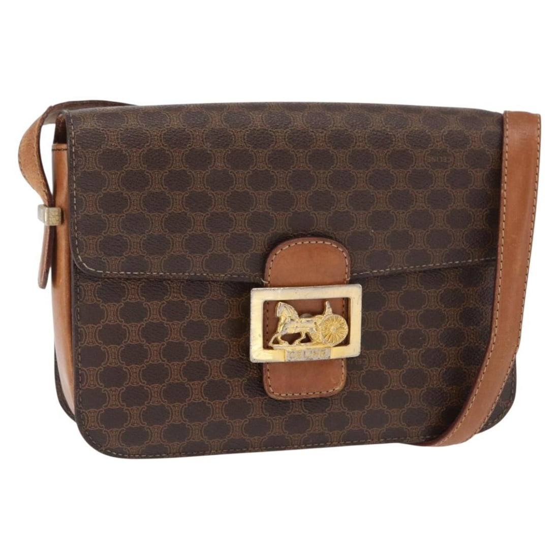 CELINE Macadam Brown Gold PVC Leather Shoulder Bag Auth 158075: CELINE Macadam Brown Gold PVC Leather Shoulder Bag Auth 158075 This CELINE Macadam Canvas Horse Carriage Bag is a stunning shoulder bag crafted in Italy. The exterior features a sophisticated combinat