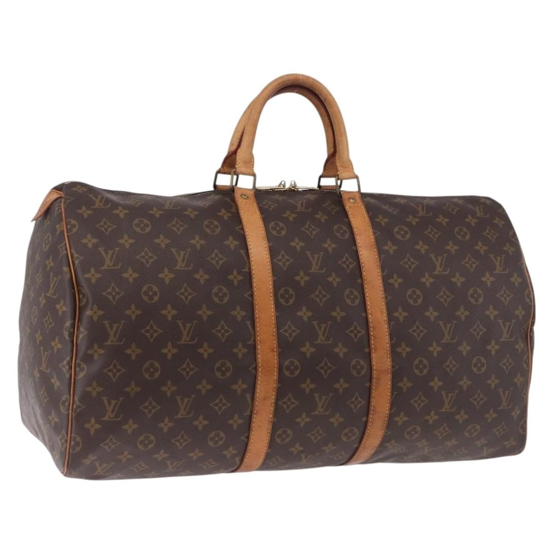 Louis Vuitton M41424 Keepall 55 Monogram Canvas Boston Bag: Louis Vuitton M41424 Keepall 55 Monogram Canvas Boston Bag Louis Vuitton Keepall 55 Boston bag in Monogram canvas, made in France. This heavily used bag shows visible wear throughout, including an out